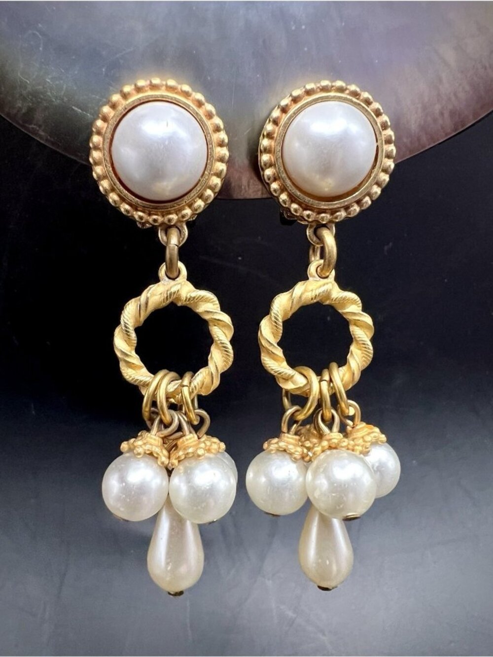 Vintage Large Faux Pearl Dangle Clip On Earrings